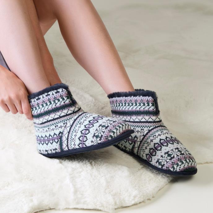 totes toasties® Ladies FairIsle Boot Slipper Navy Fairisle
